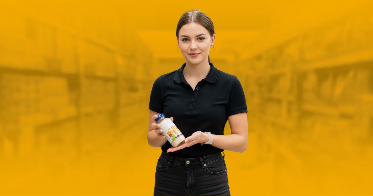 Promotora de alto rendimiento, resultado del proceso de selección y capacitación de una agencia, presentando un producto con conocimiento y seguridad en el punto de venta.