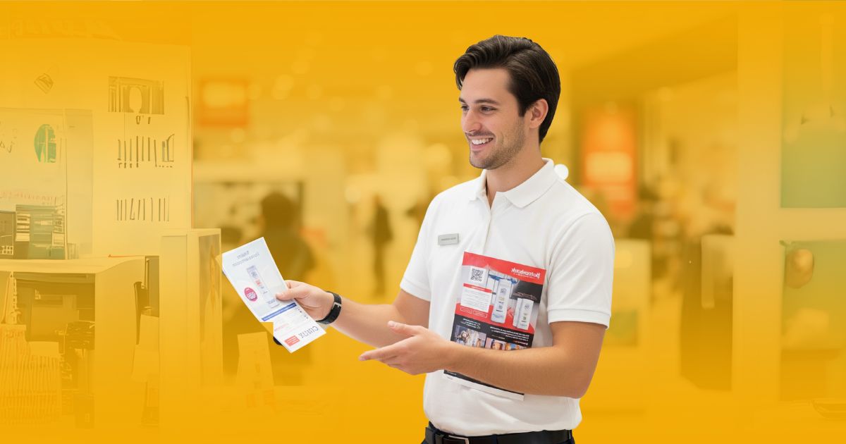 Promotor ejecutando la logística de materiales POP en el punto de venta, un proceso clave en la gestión que incluye la reposición de producto en tiendas para maximizar la visibilidad.