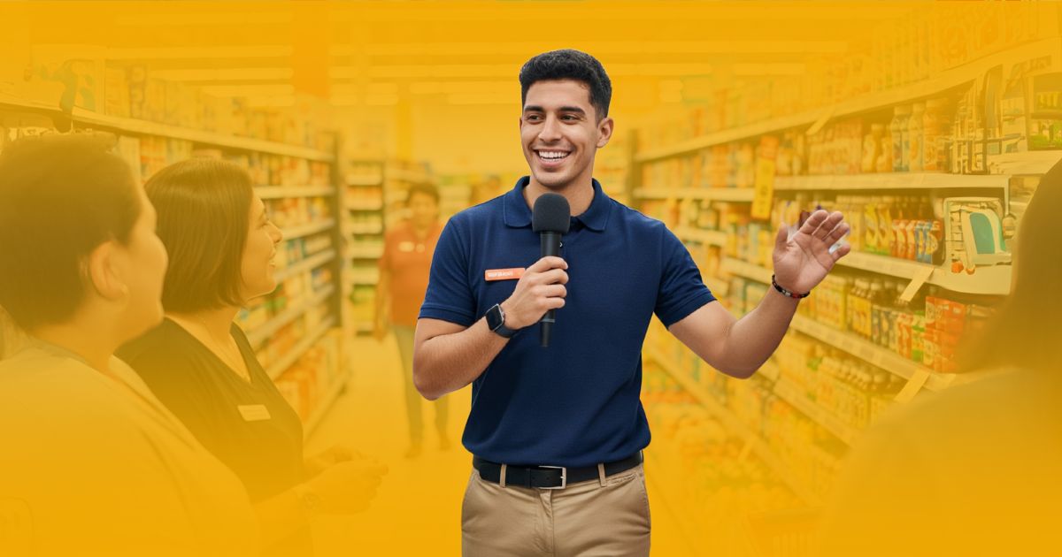 Promotor con habilidades específicas para demostraciones complejas, utilizando un micrófono para dirigir una activación en tienda, representando el talento bilingüe y especializado que provee la agencia.
