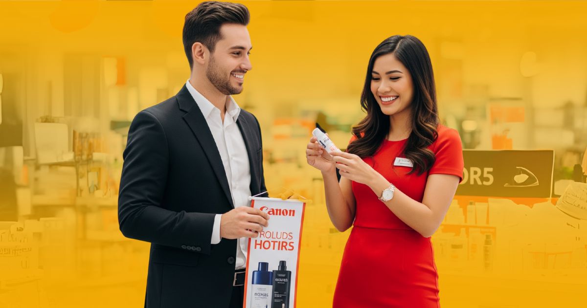 Promotora de Poder Comercial explicando un producto a un cliente, demostrando el cumplimiento de las normativas del retailer en presentación y atención.