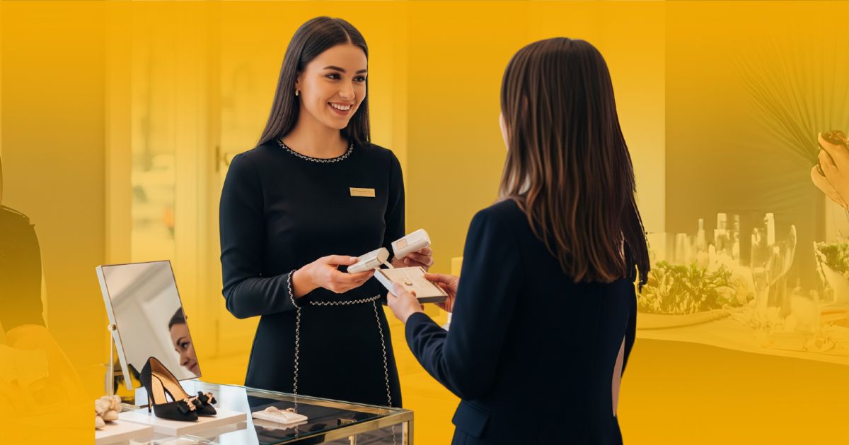 Promotora experta demostrando la experiencia comprobable de la agencia en promotoría para marcas de lujo, al ofrecer una asesoría personalizada a una clienta en una boutique premium.