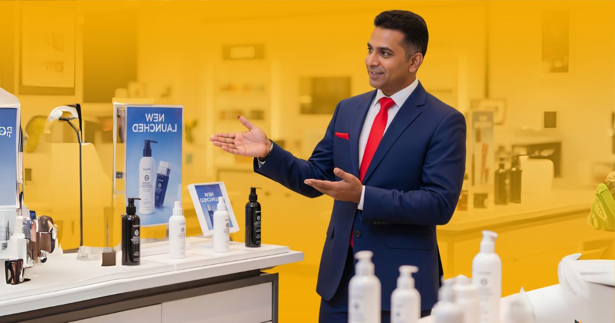 Promotor experto explicando los servicios de una agencia de promotoría durante el lanzamiento de nuevos productos de belleza en una tienda retail.