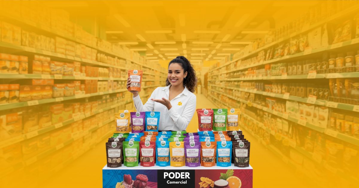 Promotora de ventas sonriente de Poder Comercial mostrando un paquete de cereal en un exhibidor de productos en un supermercado.