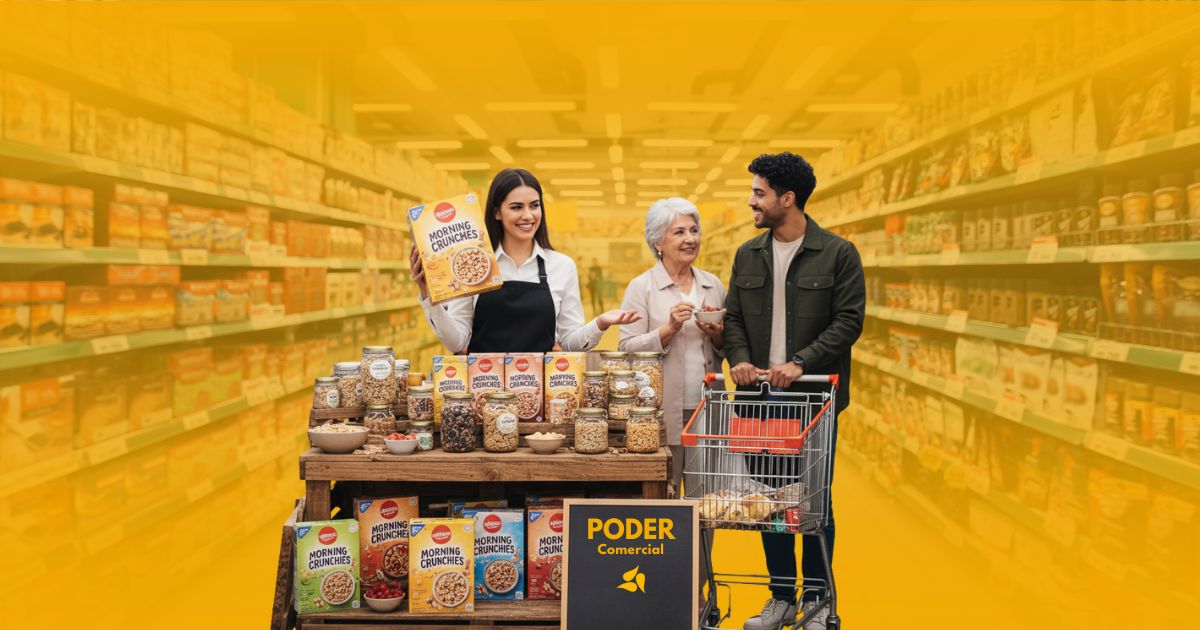 Promotora de Poder Comercial ofreciendo cereales a una mujer y un joven con un carrito de compras en un supermercado.