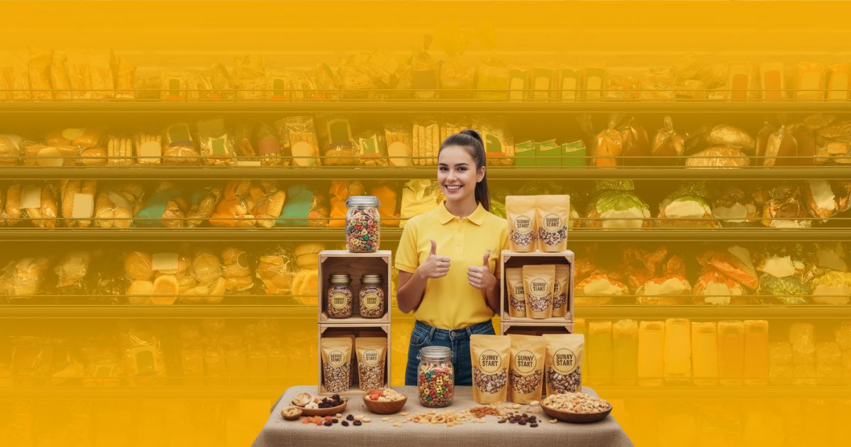 Promotora de ventas sonriente haciendo un pulgar arriba junto a un exhibidor de frutos secos y cereales en un pasillo de Bodega Aurrera.