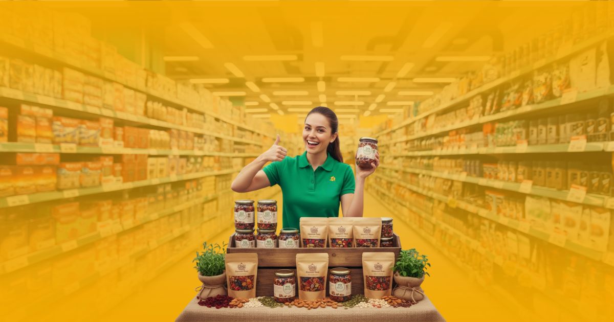 Promotora de ventas sonriente de Poder Comercial ofreciendo frutos secos en un frasco, haciendo una señal de pulgar arriba junto a un exhibidor de producto en un supermercado.