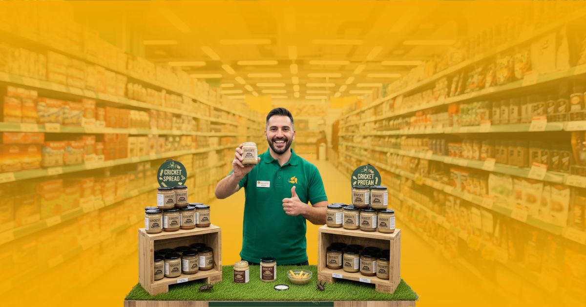 Promotor de ventas sonriente en un stand de degustación de alimentos con crema de insectos (spread), haciendo un pulgar arriba en un pasillo de supermercado Walmart.