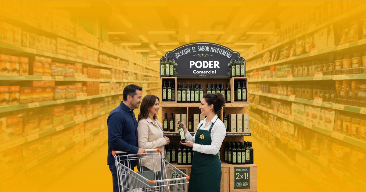 Promotora de Poder Comercial ofreciendo degustación y venta de aceite de oliva a una pareja de clientes en un stand especializado en un supermercado.