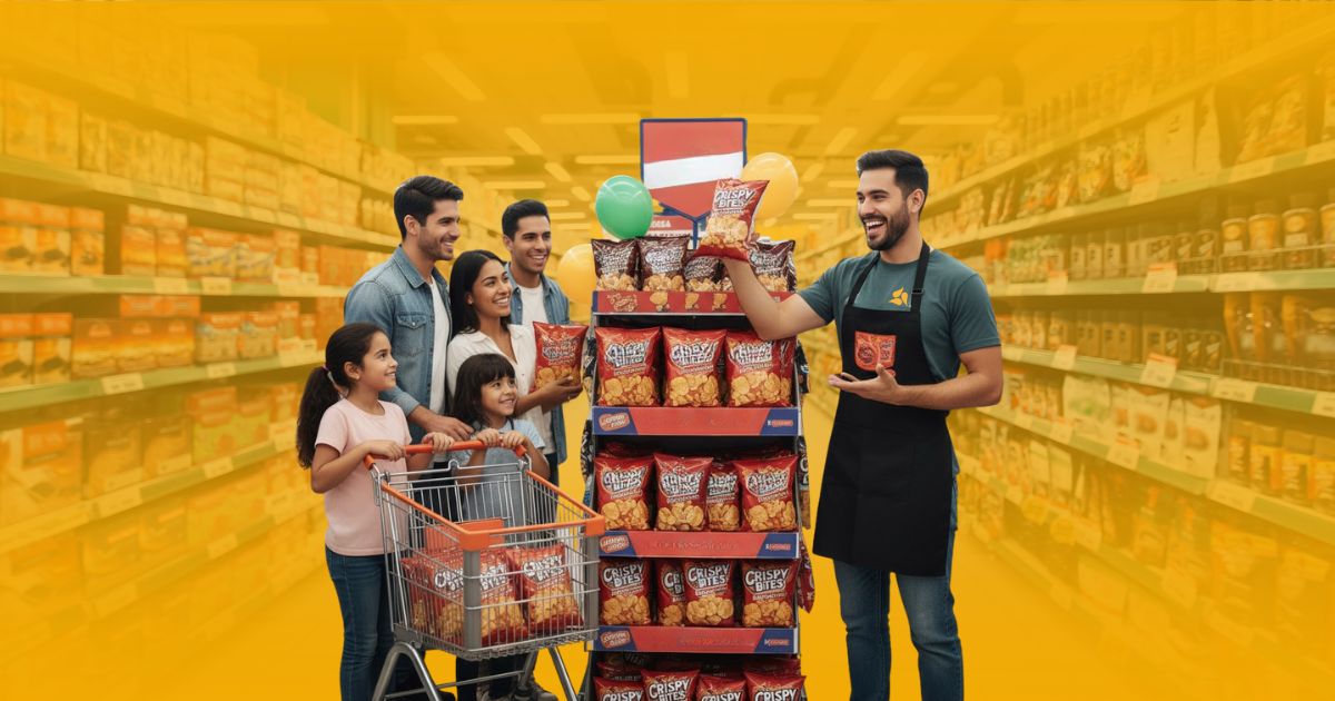 Promotor de Poder Comercial presentando un exhibidor de snacks a una familia con carrito de compras en el pasillo de un supermercado.