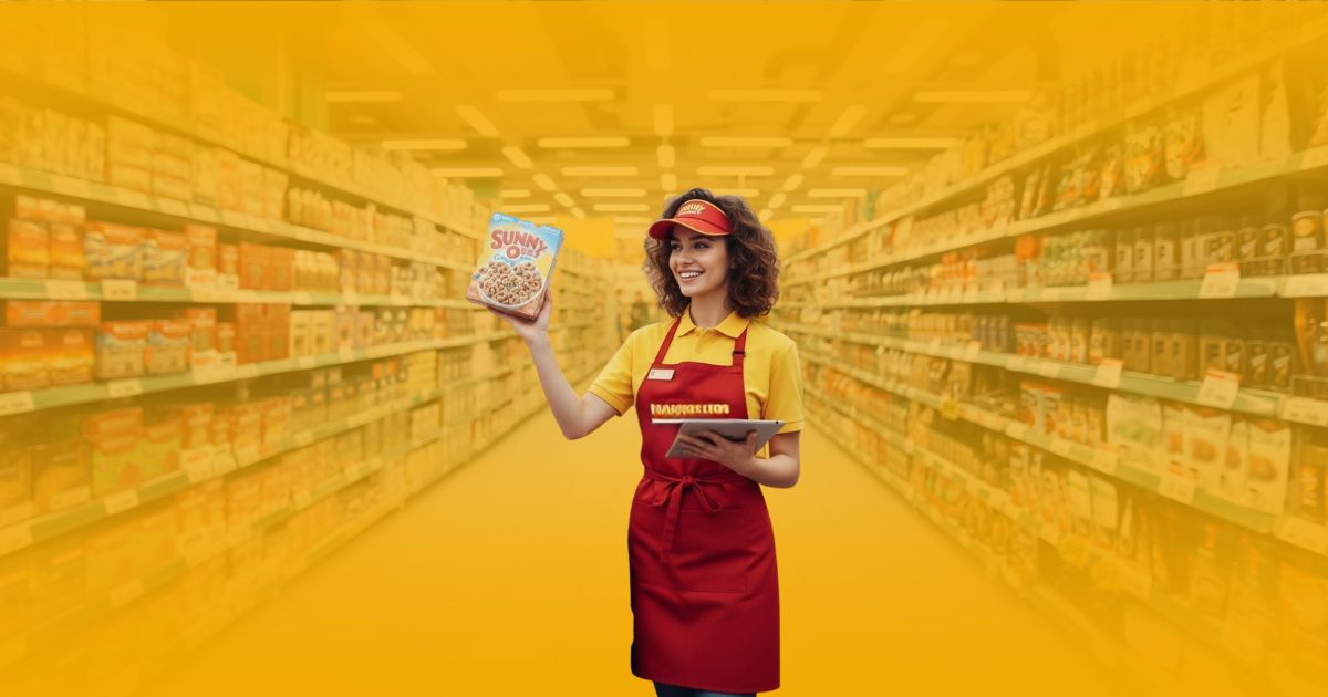 Promotora de ventas de Poder Comercial en un stand de degustación de café, interactuando con una pareja de clientes en un supermercado.