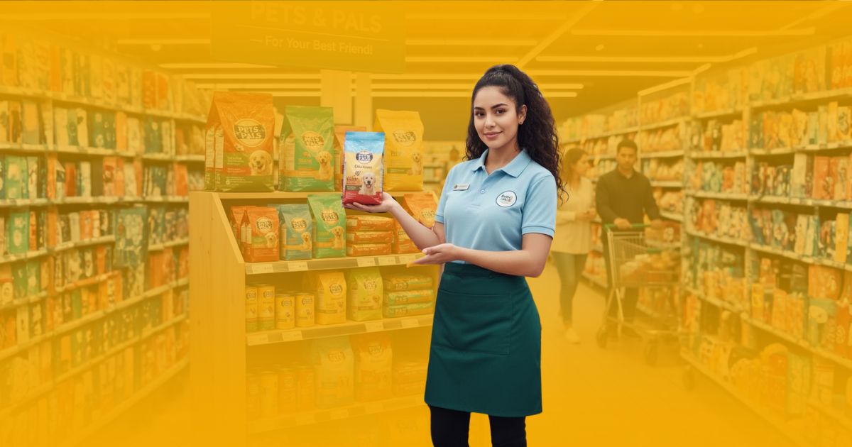 Promotora de ventas sonriente de Poder Comercial ofreciendo un producto (probablemente alimento para mascotas) y señalando el exhibidor en un supermercado.