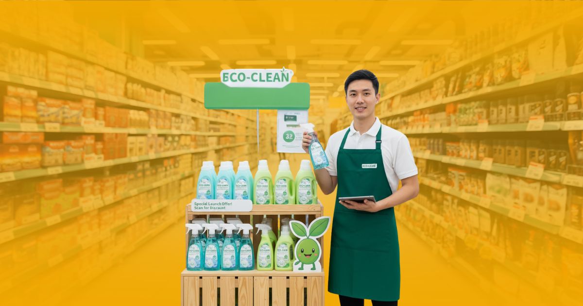 Promotora de ventas sonriente en un supermercado, sosteniendo una caja de cereal y una tablet para registrar la promoción y la inteligencia de mercado.