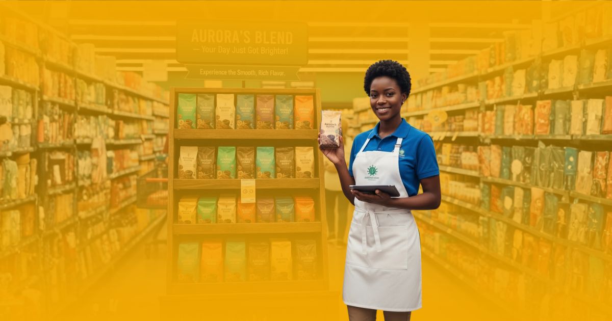 Promotora de ventas de Poder Comercial sosteniendo una caja de cereal y sonriendo a un cliente con un carrito en el pasillo de un supermercado.