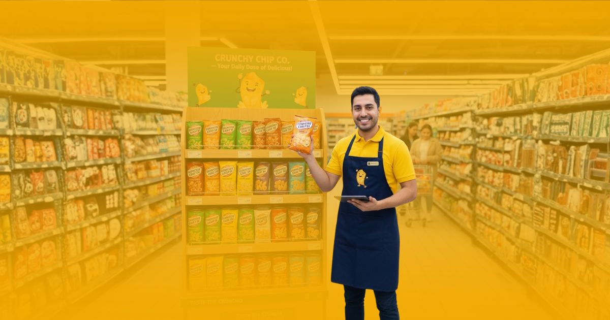 Promotor de ventas de productos frescos ("Fresco y Natural") en un supermercado, sosteniendo un paquete de fruta pre-cortada y una tablet para registrar inventario.