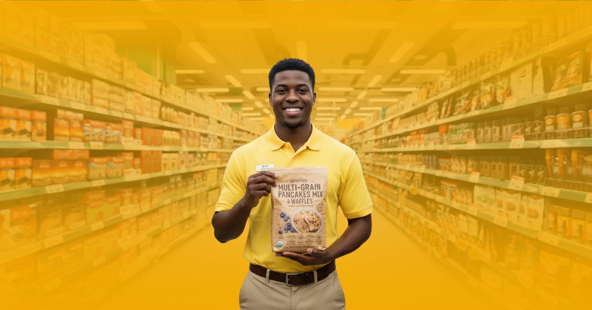 Promotor de ventas sonriente en un stand de degustación de botanas, interactuando con una pareja de clientes en un supermercado de la CDMX.