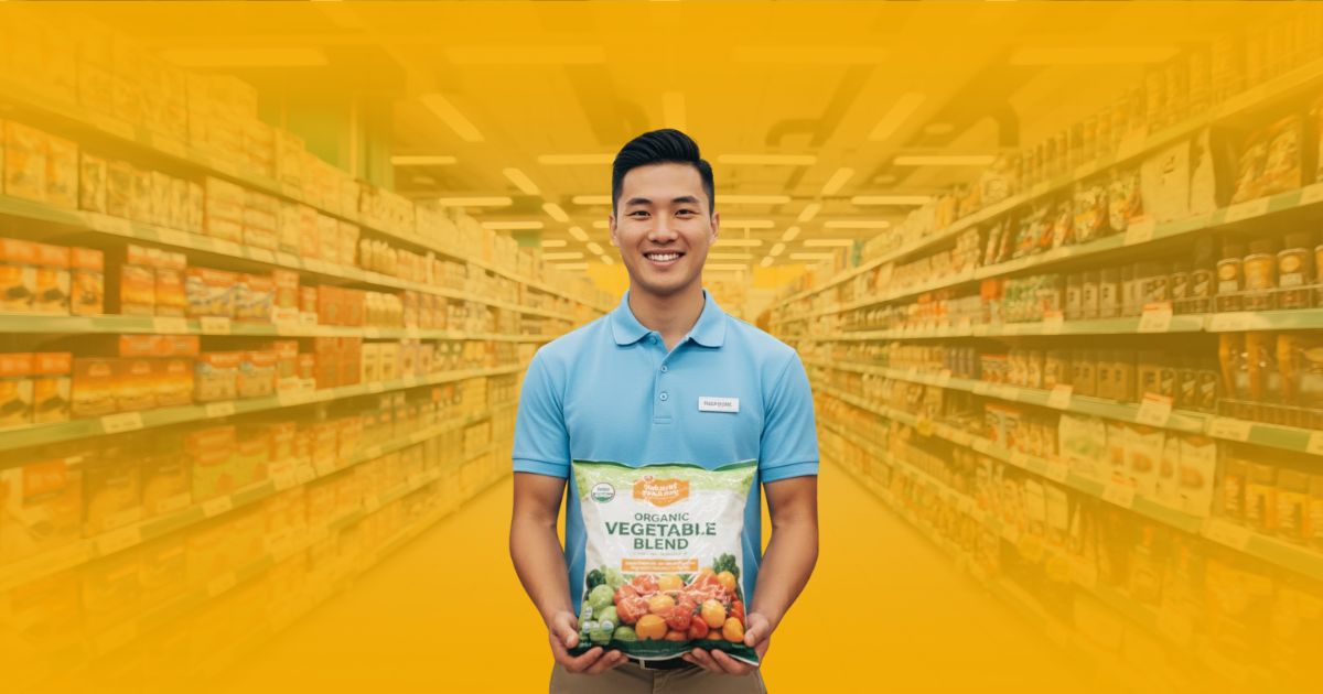 Promotora de ventas sonriente de Poder Comercial ofreciendo una caja de cereal a un cliente en un stand de degustación en un supermercado.
