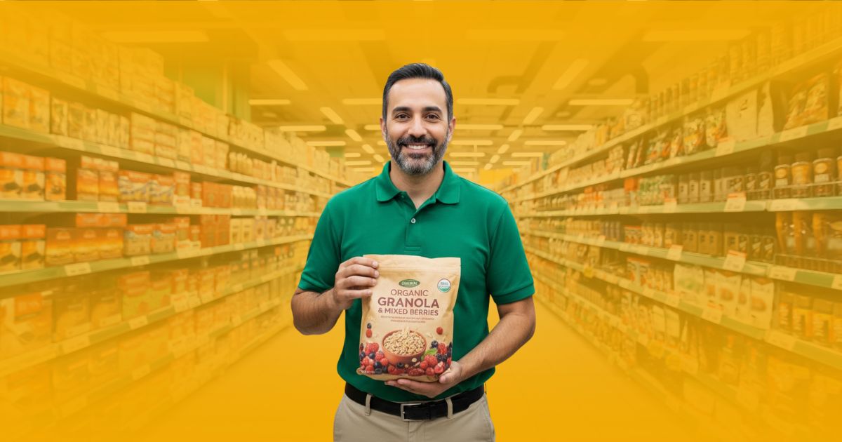 Promotora de ventas sonriente de Poder Comercial en un stand de degustación de cereal, con clientes y un carrito de compras en un supermercado.