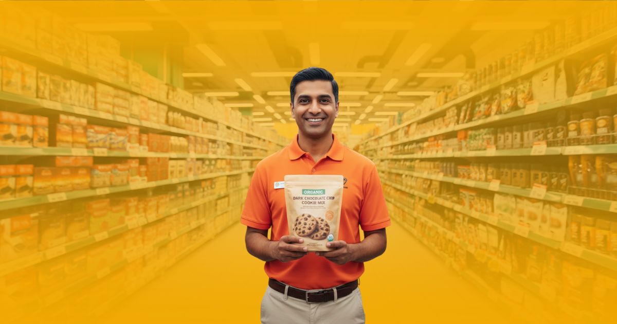 Promotora de ventas sonriente de Poder Comercial en un stand de degustación de botanas, interactuando con clientes en un supermercado.