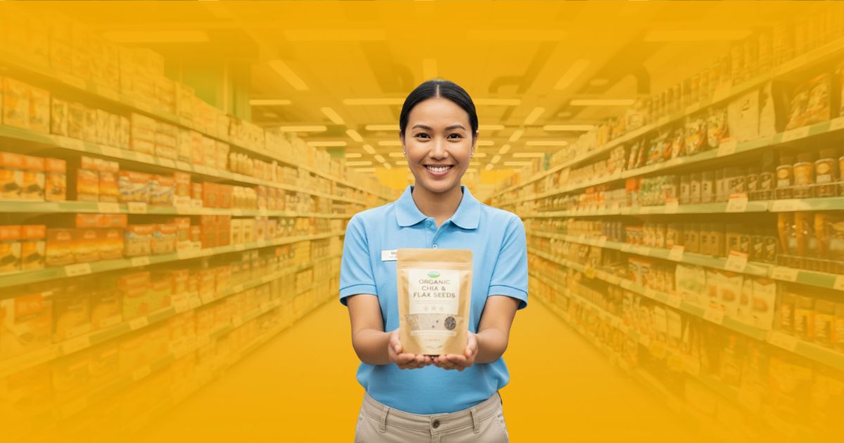 Promotor de café de Poder Comercial en un stand de degustación, interactuando con clientes y destacando una oferta de producto en un supermercado.