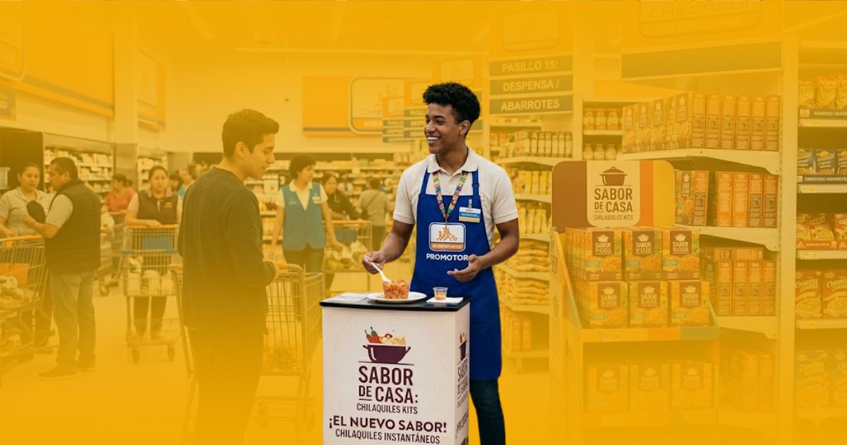 Promotor de Poder Comercial gestionando la ejecución en punto de venta Chedraui mediante un stand de degustación y exhibición adicional de alimentos.