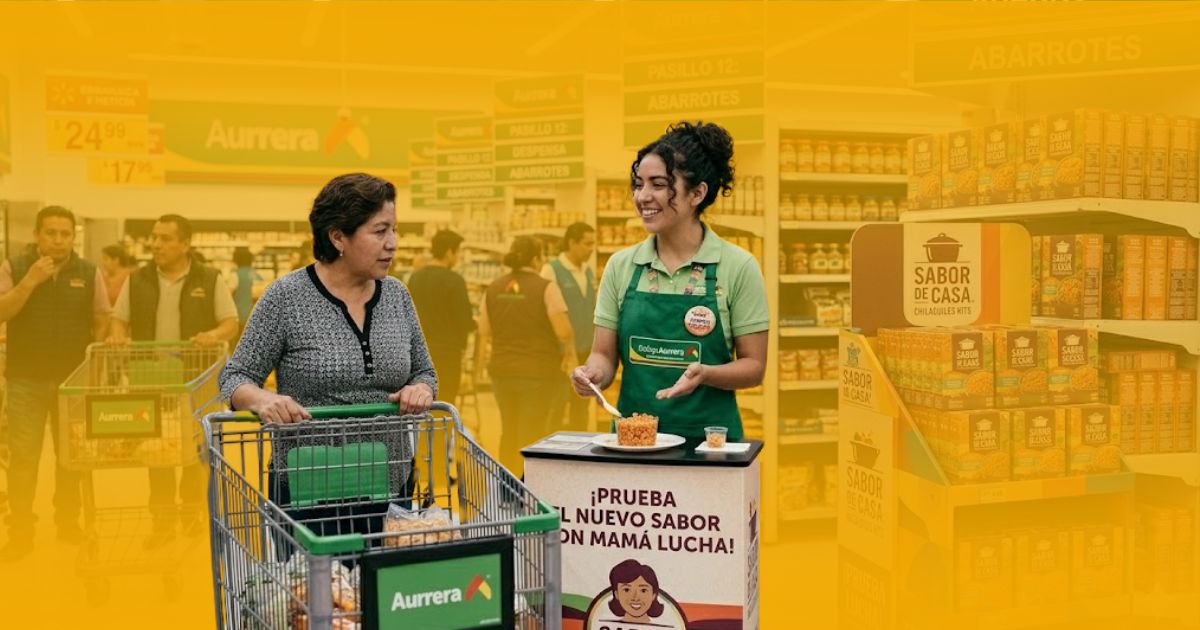 Promotora de Poder Comercial gestionando la logística de promotoría compartida en la CDMX mediante un stand en Bodega Aurrera.