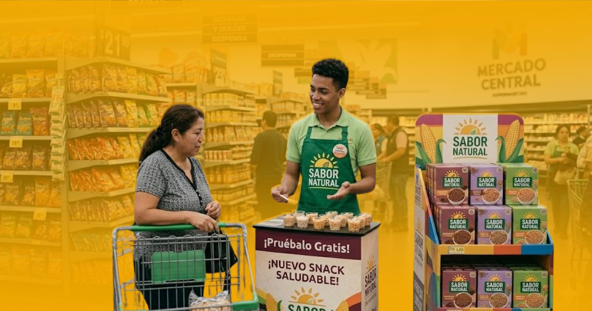 Promotor de Poder Comercial gestionando una ruta de promotoría en el Estado de México mediante un stand de snacks saludables.